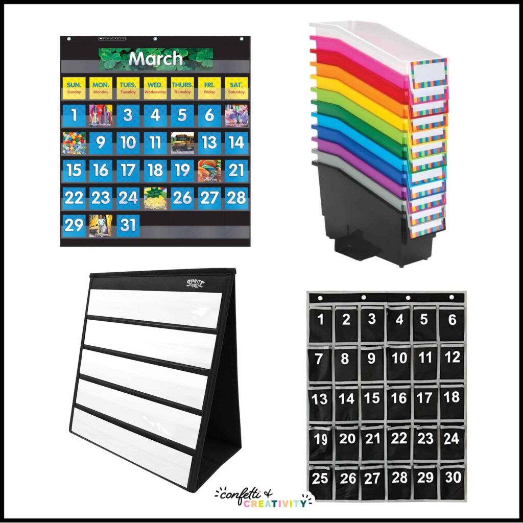 Shows many classroom necessities such as a black pocket chart, multicolor storage options, and many other items that are black and white to balance out the bright colors of the watercolor classroom theme
