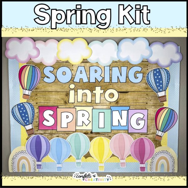 Holiday Bulletin Board Bundle #3 - Spring Shows a picture that shows the Spring Bulletin Board - "Soaring into Spring". This bulletin board is in the holiday bulletin board.