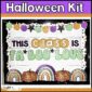 Shows a picture that shows the Halloween Bulletin Board - "This Class is Fa-Boo-Lous". This bulletin board is in the holiday bulletin board.