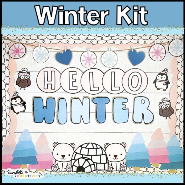 Holiday Bulletin Board Bundle #3 - Winter Shows a picture that shows the Winter Bulletin Board - "Hello Winter". This bulletin board is in the holiday bulletin board.