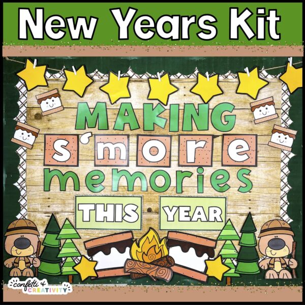 Holiday Bulletin Board Bundle #3 - New Year's Day Shows a picture that shows the New Year's Day Bulletin Board - "Making S'more Memories This Year". This bulletin board is in the holiday bulletin board.
