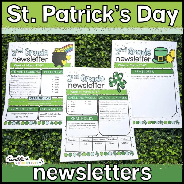 Holiday Classroom Newsletters - St. Patrick's Day Shows a picture that shows all three design options for the St. Patrick's Day classroom newsletters. These newsletters are included in the holiday classroom newsletters