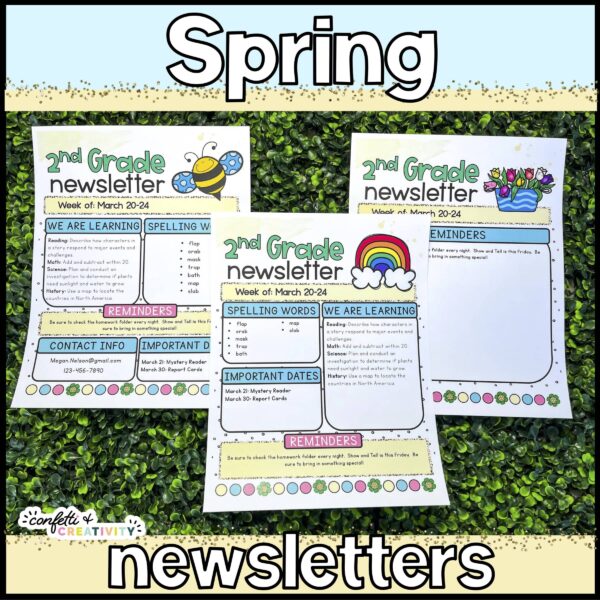 Holiday Classroom Newsletters - Spring Shows a picture that shows all three design options for the Spring classroom newsletters. These newsletters are included in the holiday classroom newsletters