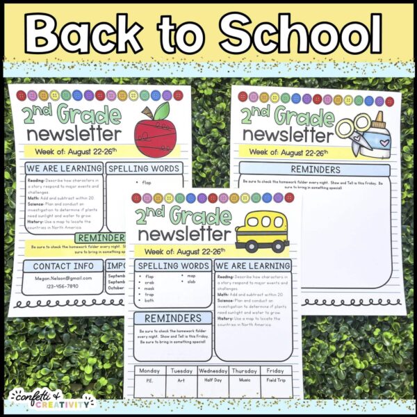 Holiday Classroom Newsletters - Back to School Shows a picture that shows all three design options for the back to school classroom newsletters. These newsletters are included in the holiday classroom newsletters