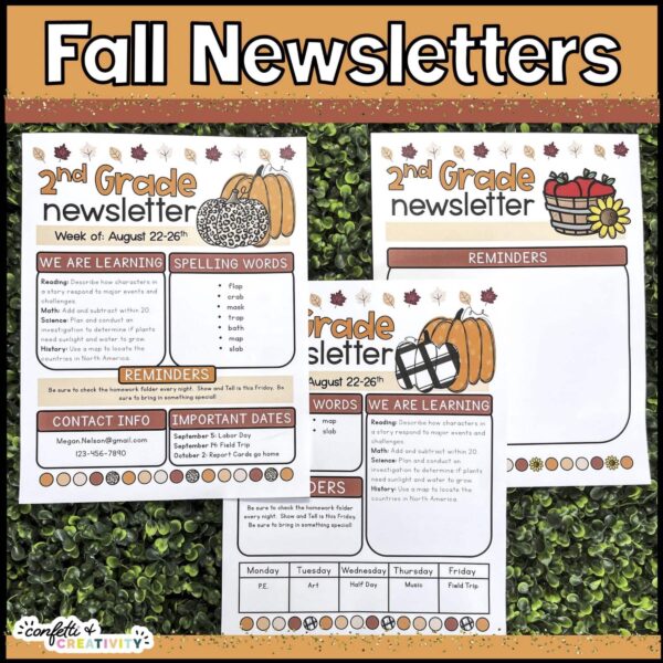 Holiday Classroom Newsletters - Fall Shows a picture that shows all three design options for the Fall classroom newsletters. These newsletters are included in the holiday classroom newsletters