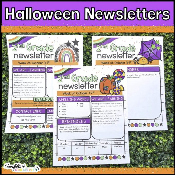 Holiday Classroom Newsletters - Halloween Shows a picture that shows all three design options for the Halloween classroom newsletters. These newsletters are included in the holiday classroom newsletters