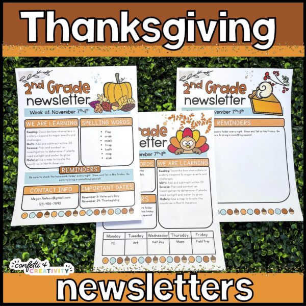 Holiday Classroom Newsletters - Thanksgiving Shows a picture that shows all three design options for the Thanksgiving classroom newsletters. These newsletters are included in the holiday classroom newsletters