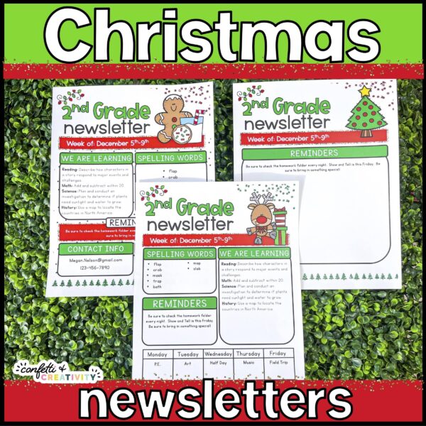 Holiday Classroom Newsletters - Christmas Shows a picture that shows all three design options for the Christmas classroom newsletters. These newsletters are included in the holiday classroom newsletters