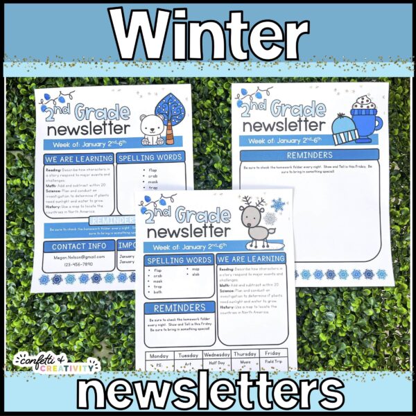 Holiday Classroom Newsletters - Winter Shows a picture that shows all three design options for the Winter classroom newsletters. These newsletters are included in the holiday classroom newsletters