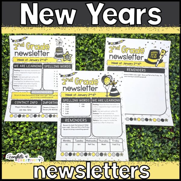 Holiday Classroom Newsletters - New Year's Day Shows a picture that shows all three design options for the New Year's classroom newsletters. These newsletters are included in the holiday classroom newsletters