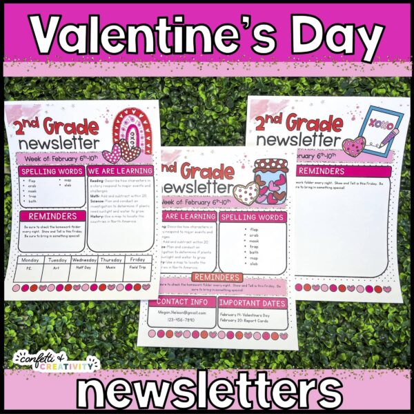 Holiday Classroom Newsletters - Valentine's Day Shows a picture that shows all three design options for the Valentine's Day classroom newsletters. These newsletters are included in the holiday classroom newsletters