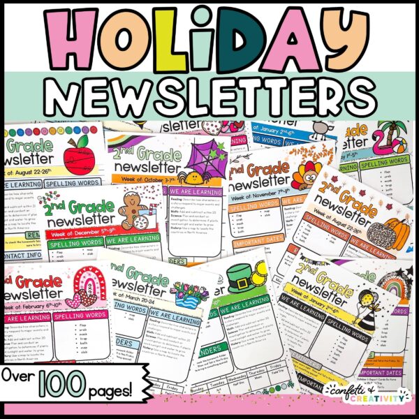 Shows a cover image of multiple holiday classroom newsletters
