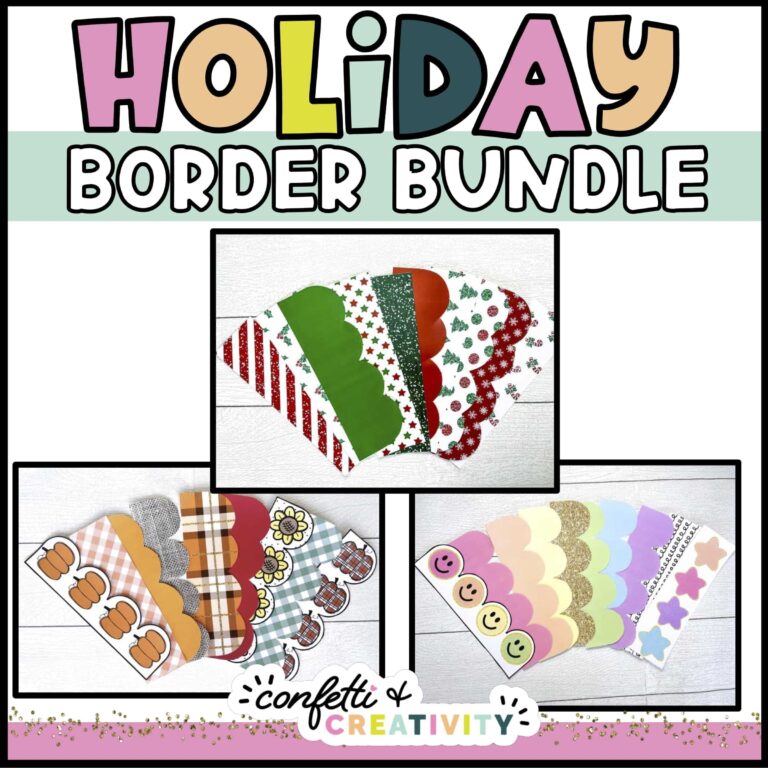 Shows multiple sets of holiday bulletin board borders included in the bundle. Examples on this image include Christmas, Fall, and Back to School Bulletin Board Borders