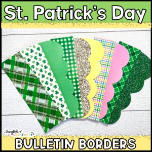 Shows the Saint Patrick's Day Printable Bulletin Board Borders fanned out. The text "st. Patrick's Day" text is at the top of the image