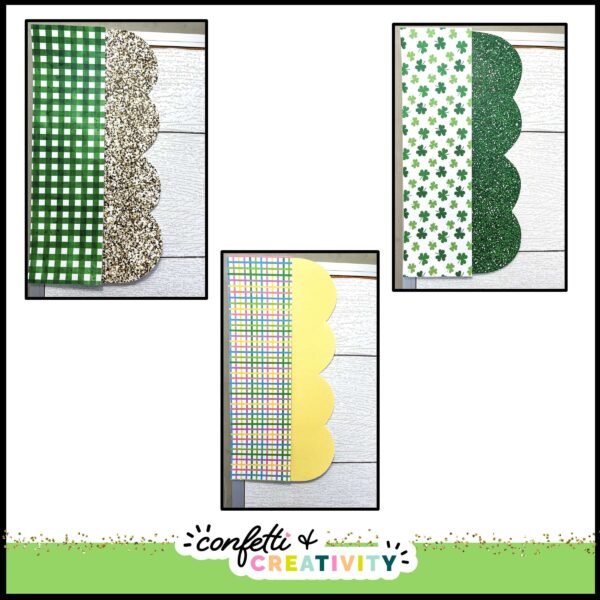Saint Patrick's Day Bulletin Board Borders - Design Options Shows multiple design options where the printable borders can stack with straight edge and scalloped edge borderes