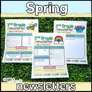 Shows the home page of the Spring Classroom Newsletters. Features 3 different designs with different clipart options. The Newsletters are filled out and laid on a green grass panel