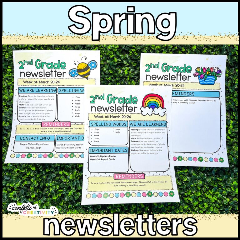Shows the home page of the Spring Classroom Newsletters. Features 3 different designs with different clipart options. The Newsletters are filled out and laid on a green grass panel