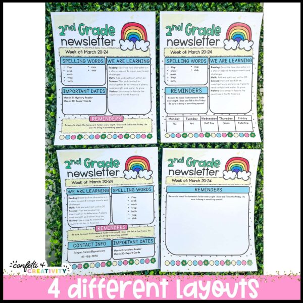 Spring Classroom Newsletters - Layout Options Shows the four different layout options of the Spring Classroom Newsletters