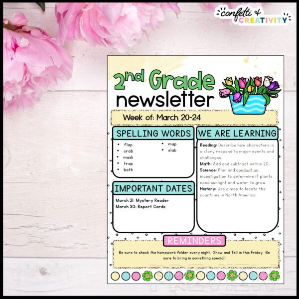Spring Classroom Newsletters - Stock Photo Shows the Spring Classroom Newsletter with a stock photo background