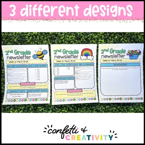 Spring Classroom Newsletters - Different Designs Shows three different design options for the Spring Classroom Newsletters. These are perfect for teachers to introduce themselves to their students