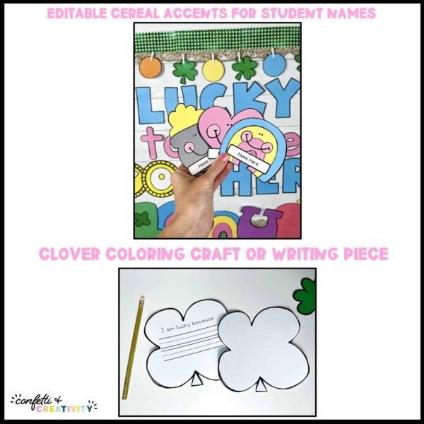 Saint Patrick's Day Bulletin Board - Clipart Shows close up pictures of the clipart on the board including lucky charms and other Saint Patrick's Day clipart ideas