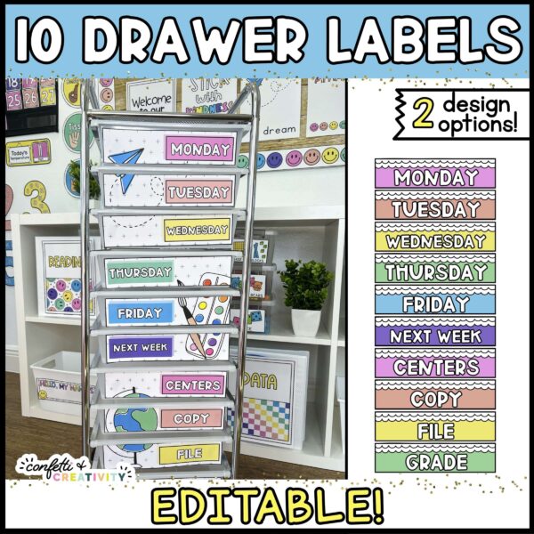 Shows an example photo of the 10 drawer cart labels from the bright and simple classroom theme