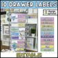 Shows an example photo of the 10 drawer cart labels from the bright and simple classroom theme