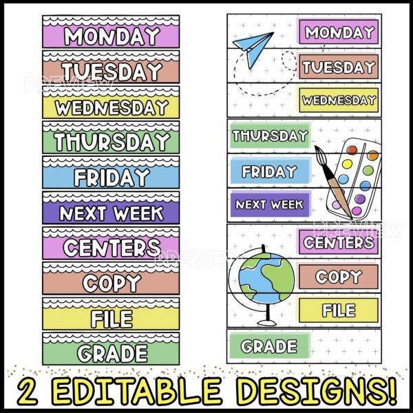 10 Drawer Cart Labels Editable - Design Options Shows mutliple design options for the 10 drawer cart labels from the bright and simple classroom theme