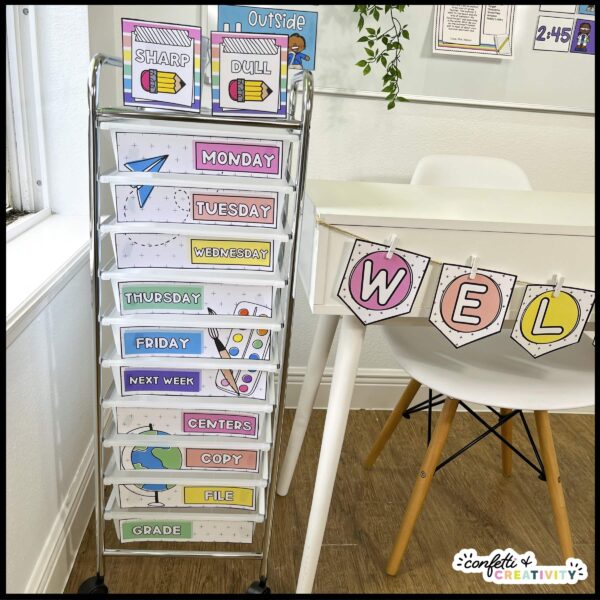 10 Drawer Cart Labels Editable REal Classroom Shows the 10 drawer cart labels in a real classroom. The labels are from the bright and simple classroom theme and help a teacher stay organized