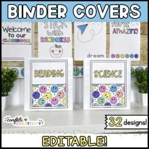 Shows two example binder covers. Both binder covers are text editable and have smiley faces