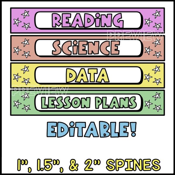 Bright Binder Covers and Binder Spines - Binder Spines Shows example binder spine examples. These are text editable allowing you to set up any spines a teacher might need