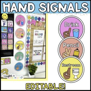 Shows the brightly colored classroom hand signals on a classroom wall. On the right of the image it shows multiple hand signals up close