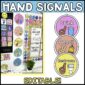 Shows the brightly colored classroom hand signals on a classroom wall. On the right of the image it shows multiple hand signals up close