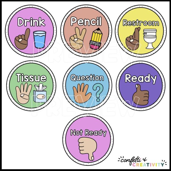 Bright Classroom Hand Signals - All Options Shows all of the classroom hand signals a teacher can use. Each one has a brightly colored background and a multicultural hand signal option