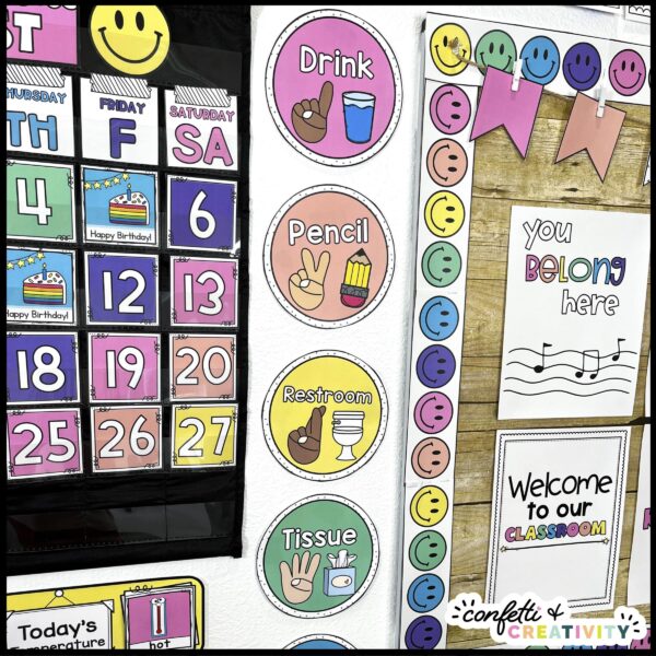 Bright Classroom Hand Signals - Real Classroom Shows the classroom hand signals set up in a real classroom wall.
