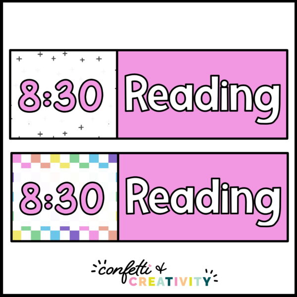 Bright and Simple Classroom Schedule - Example Designs Shows two different designs for the bright classroom schedule cards. Both cards are for reading at 8:30.