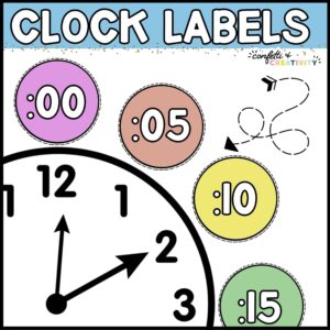 Shows brightly colored clock labels next to a black and white stock image of a clock