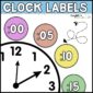 Shows brightly colored clock labels next to a black and white stock image of a clock