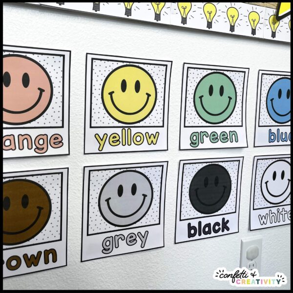 Bright Color Posters - Side Angle Shows a side angle fo the smiley face posters on a classroom wall