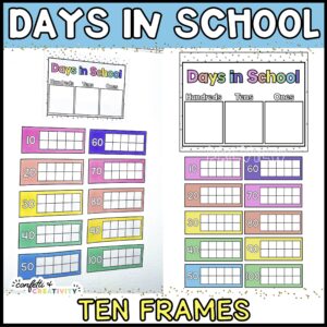 Shows the days in school tally picture. Includes brightly colored ten frames as well as a header that allows the teacher to write in the days in school that have passed