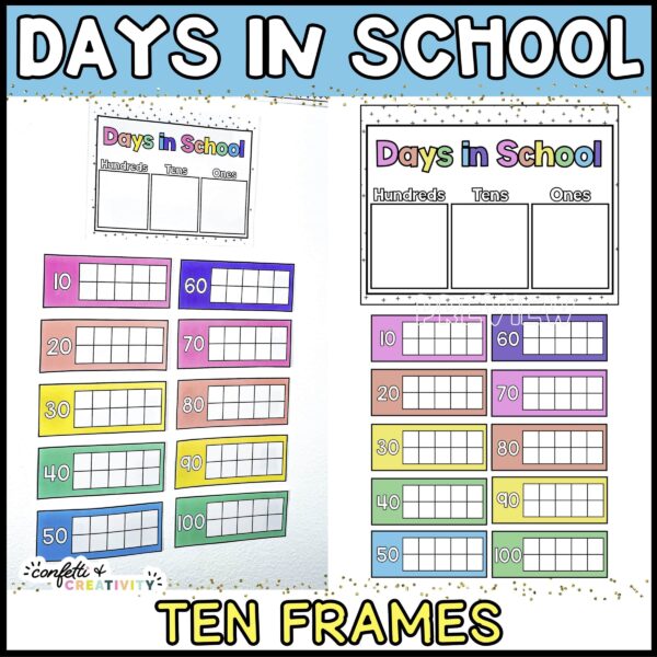 Shows the days in school tally picture. Includes brightly colored ten frames as well as a header that allows the teacher to write in the days in school that have passed