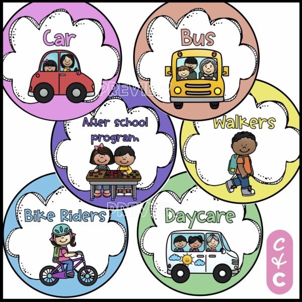 Bright How We Get Home - Colored Clipart Shows the brightly colored circles for the how we get home chart. Each circle shows a set of colored clipart