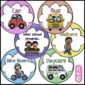 Shows the brightly colored circles for the how we get home chart. Each circle shows a set of colored clipart