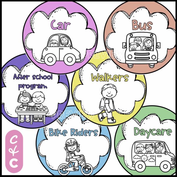 Bright How We Get Home - Black and White Clipart Shows the brightly colored circles for the how we get home chart. Each circle shows a black and white clipart option