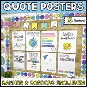 Shows the inspirational classroom posters on a bulletin board in a real classroom