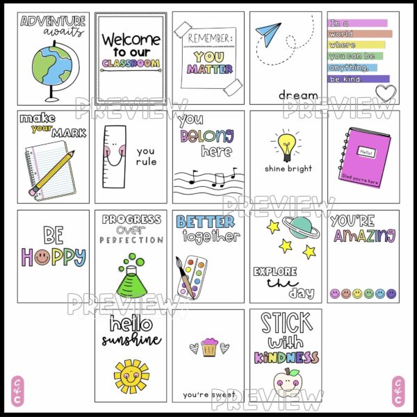 Bright Inspirational Quote Posters - All posters Shows all of the bright and simple classroom theme inspirational posters all in one image