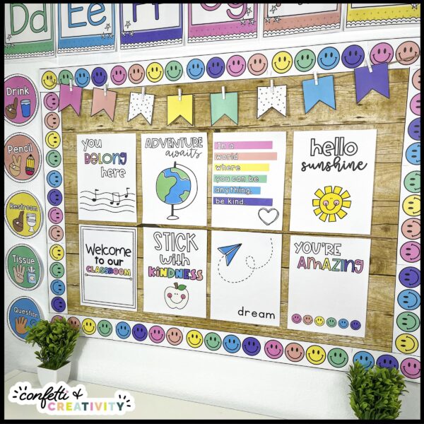 Bright Inspirational Quote Posters - Side Angle Shows a side angle of the bulletin board with the inspirational posters set up on it. Features printable bulletin board borders, a wood paper bulletin board paper background, and so much more