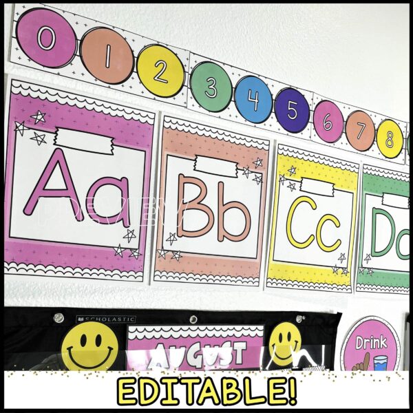 Bright Number Line with Negatives - Classroom Photo Shows the number line in a bright color scheme above the bright alphabet posters.