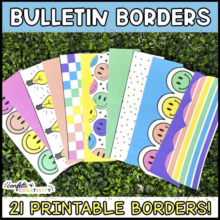 Shows the printable bulletin board borders fanned out on a green grass panel