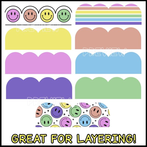 Bright Printable Bulletin Board Borders - Scalloped Edge borders Shows multiple bulletin board border designs with a scalloped edge